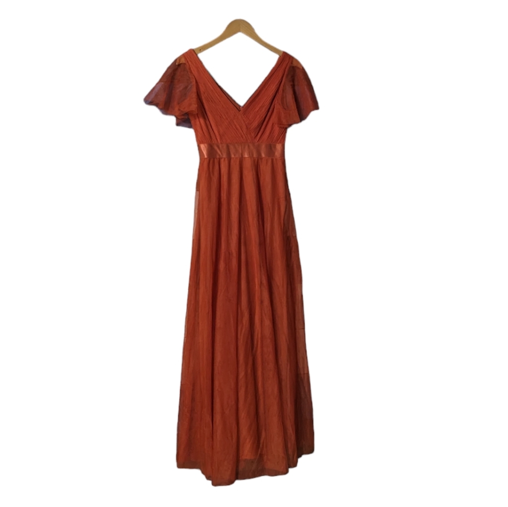 Ever Pretty V-Neck Mesh Flutter Maxi Dress Evening Gown Burnt Orange Size 4 C